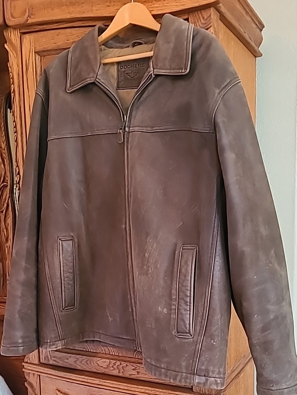 Dockers Brown Leather Zip Front Bomber Jacket